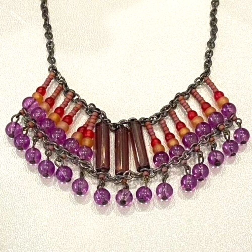Beaded Tribal Boho Gypsy Dangle Multi color Statement Necklace